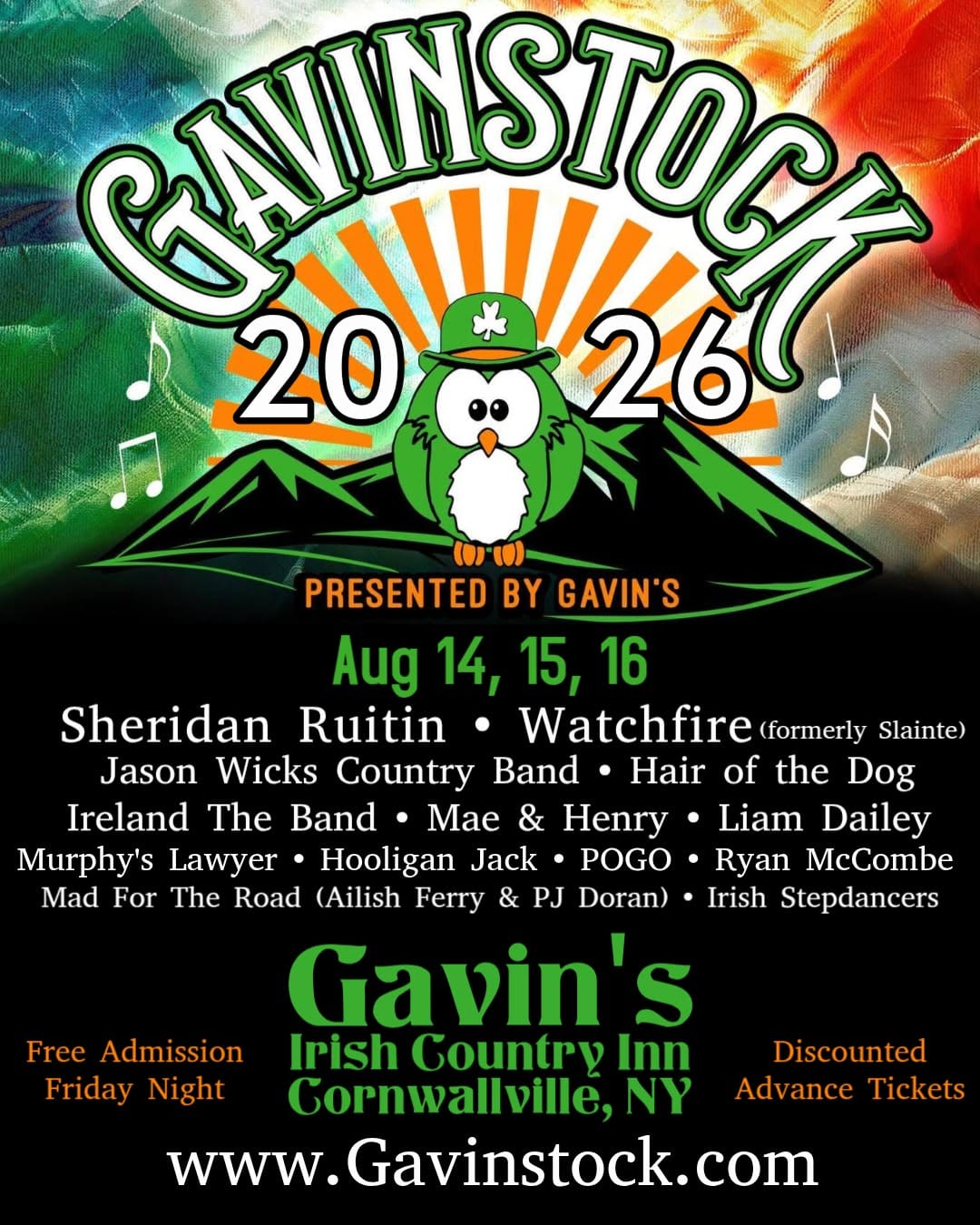 Gavinstock 2026 Irish music festival poster with lineup, August 14–16