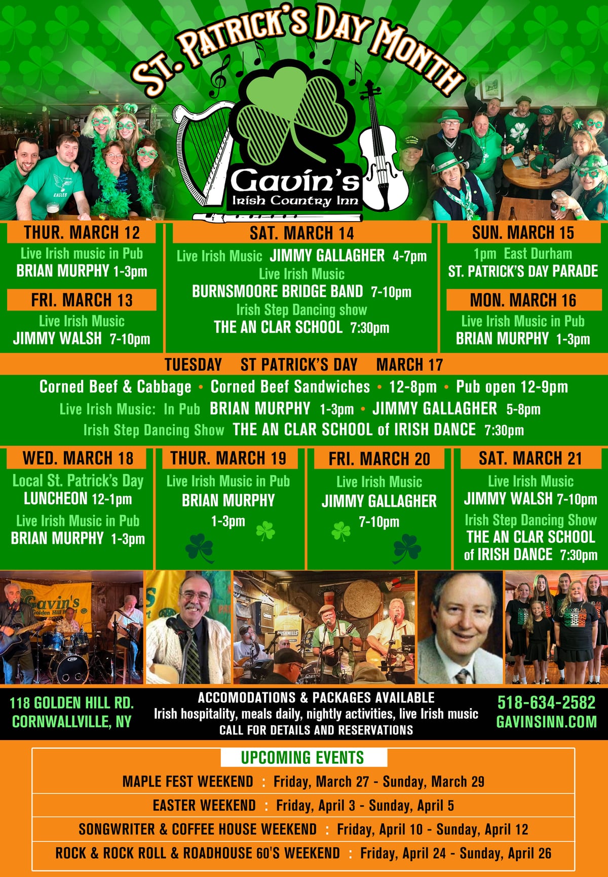 St. Patrick's Day Month 2026 at Gavin's flyer with music lineup and packages