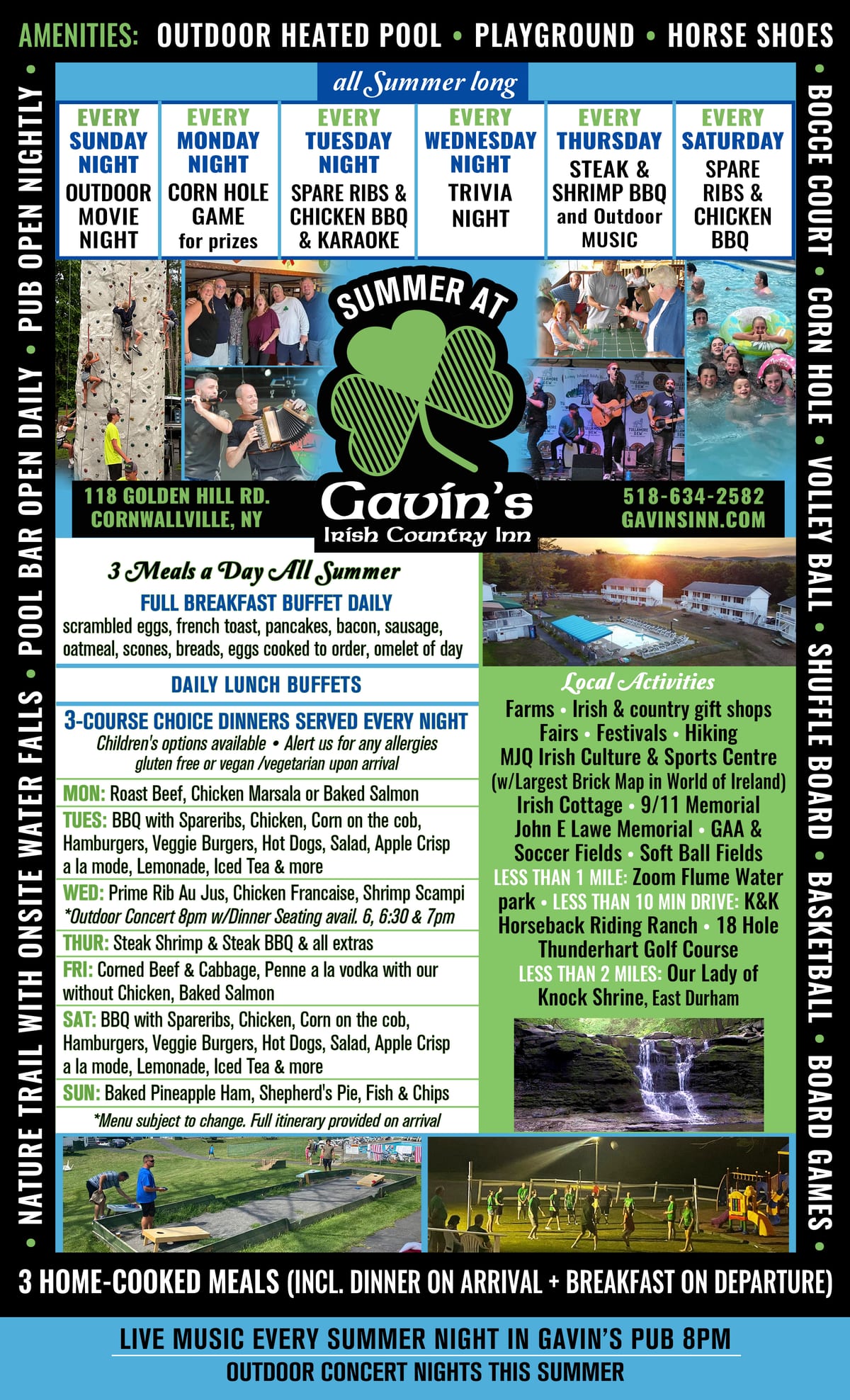 Gavin's summer daily and evening activities flyer — pool, playground, horseshoes, live music nightly
