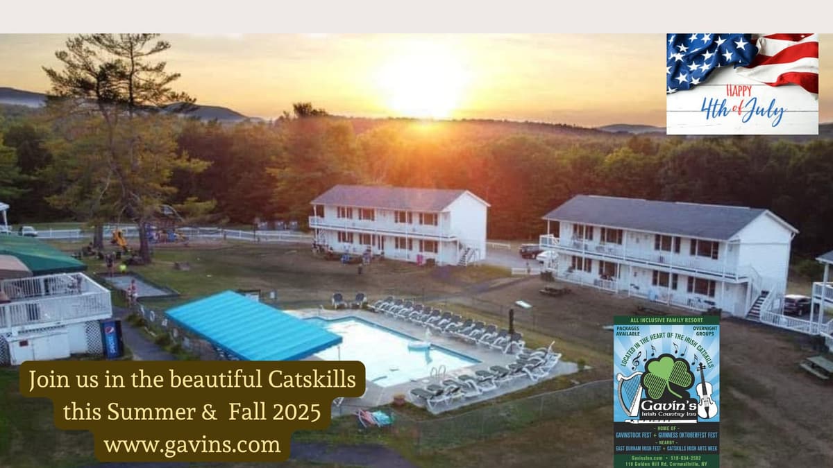 Aerial sunset over Gavin's Irish Country Inn on 4th of July weekend 2025