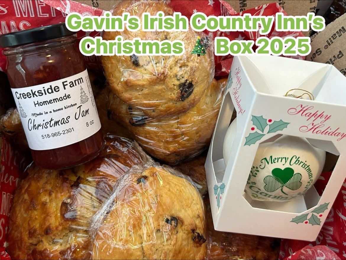 Gavin's Christmas Irish Box with holiday bread, scones, Christmas jam and an ornament
