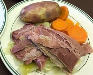 Homemade corned beef and cabbage dinner plate at Gavin's Irish Country Inn