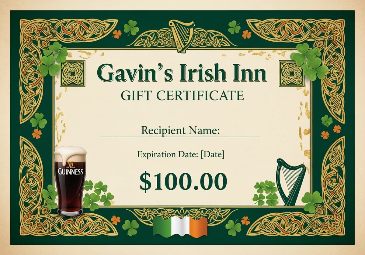 Gavin's Irish Inn printed gift certificate with Celtic border