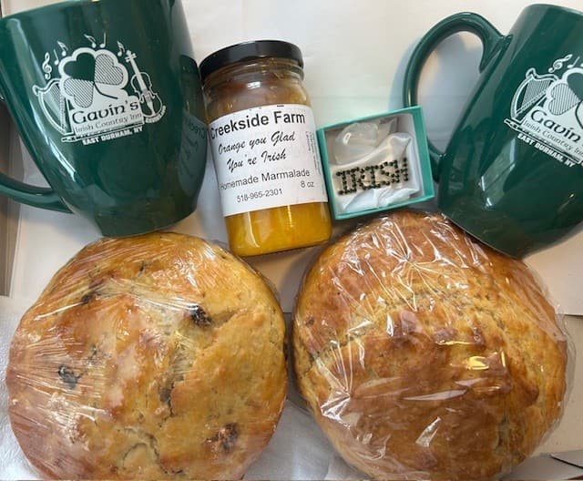 The Gavin's Irish Box with homemade soda bread, brown bread, Gavin's mugs and local jam