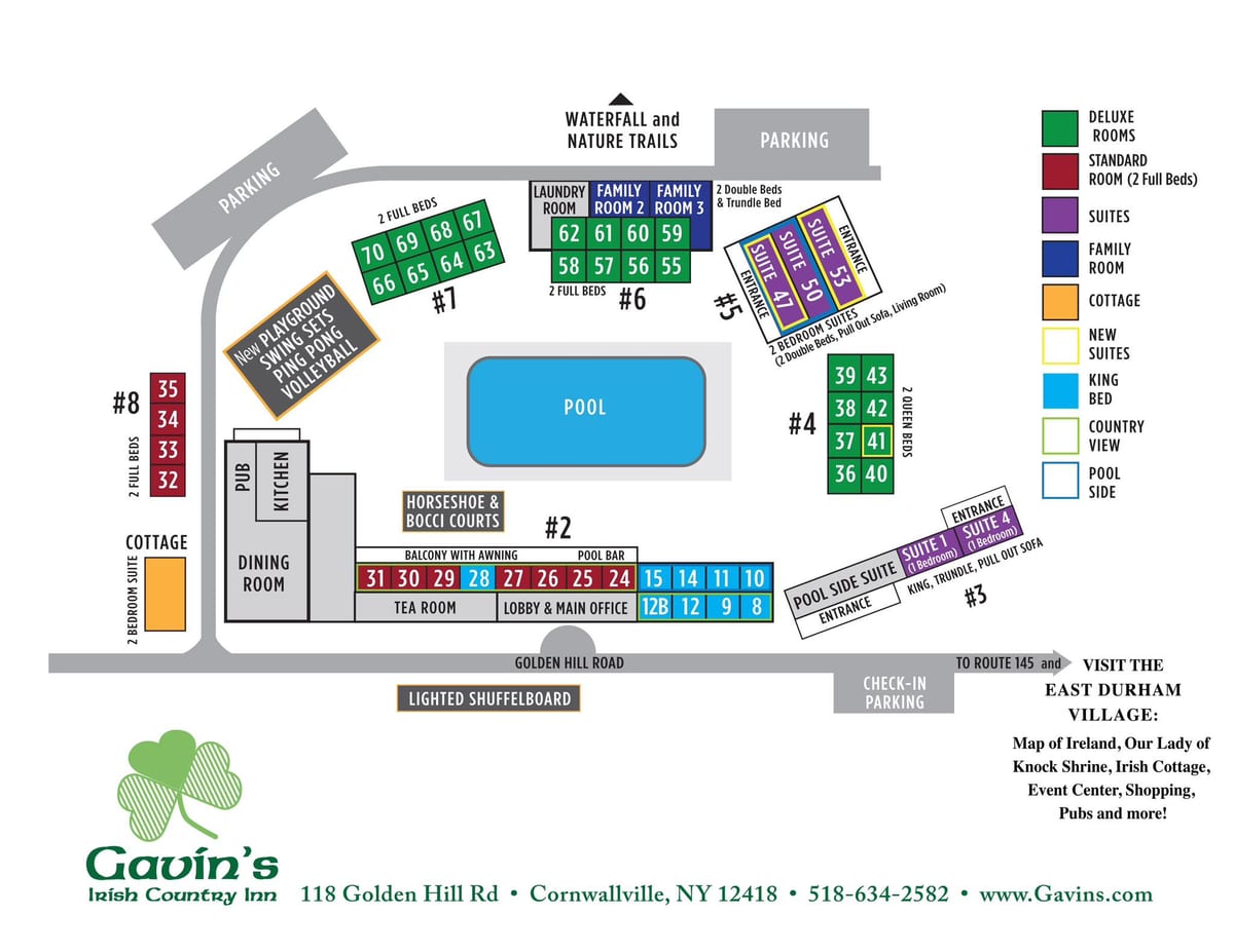 Gavin's Irish Country Inn property map showing the pool, dining room, Tea Room, pub, guest buildings, parking and nature trails
