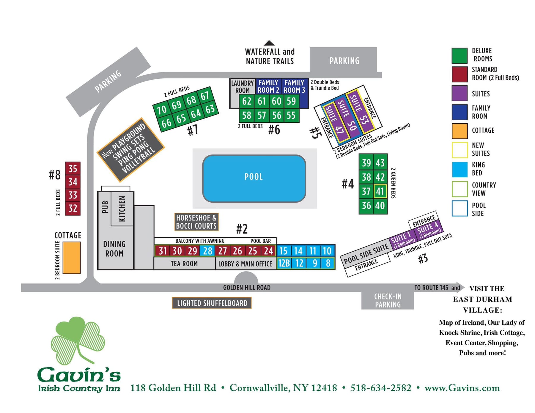 Gavin's Irish Country Inn property map showing the pool, dining room, Tea Room, pub, guest buildings, parking and nature trails