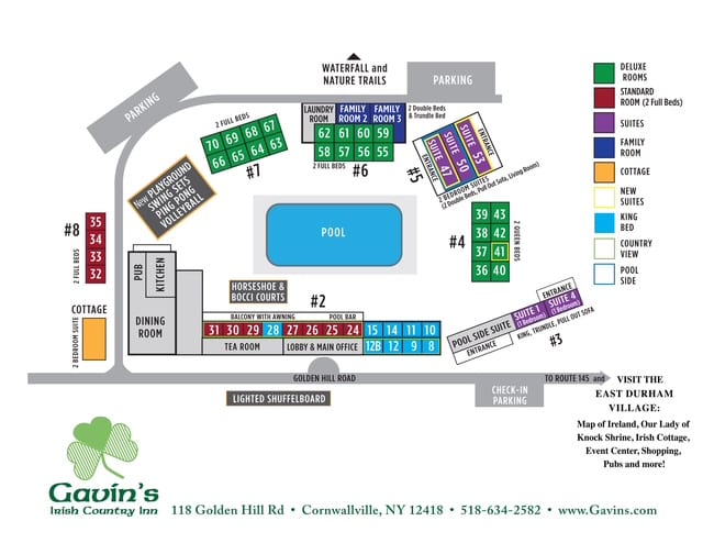 Gavin's room-number map of the guest buildings around the pool