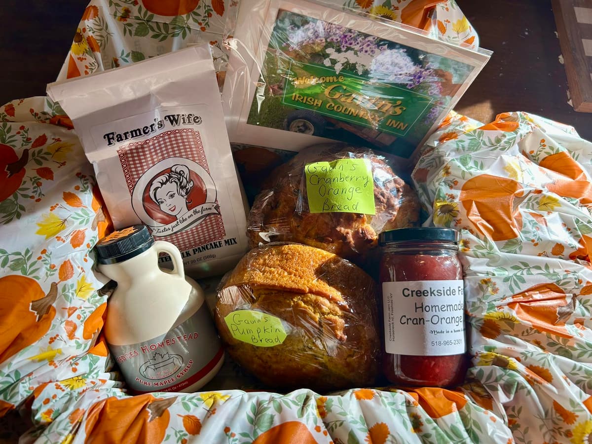 Gavin's Thanksgiving box with homemade breads, scones, maple syrup and local jam