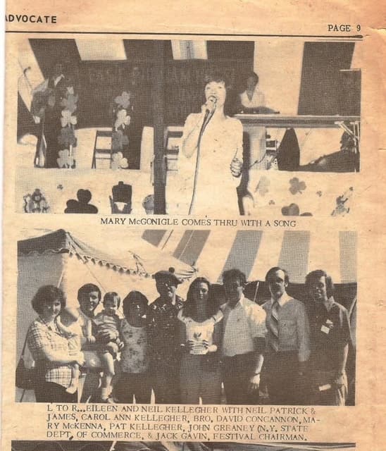 Vintage newspaper clipping from the early East Durham Irish Festival years: Mary McGonigle sings, and below, festival organizers including Jack Gavin, Festival Chairman