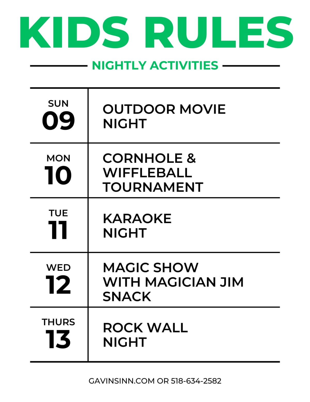 Kids Rule nightly activities: outdoor movie, cornhole and wiffleball, karaoke, magic show, rock wall