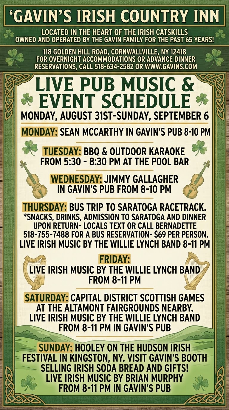 Gavin's Irish Country Inn live pub music and event schedule, August 31 to September 6
