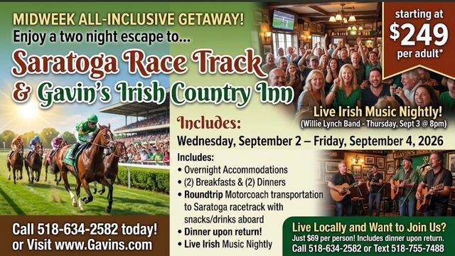 Gavin's Irish Country Inn Saratoga Race Track midweek getaway flyer