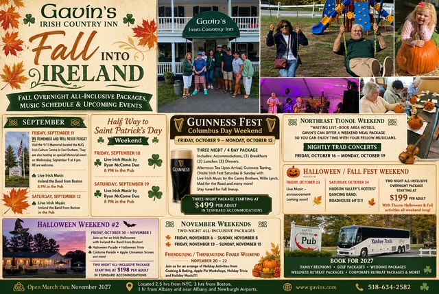 Gavin's Irish Country Inn Fall Into Ireland flyer - fall overnight packages, Guinness Fest and Halloween weekend