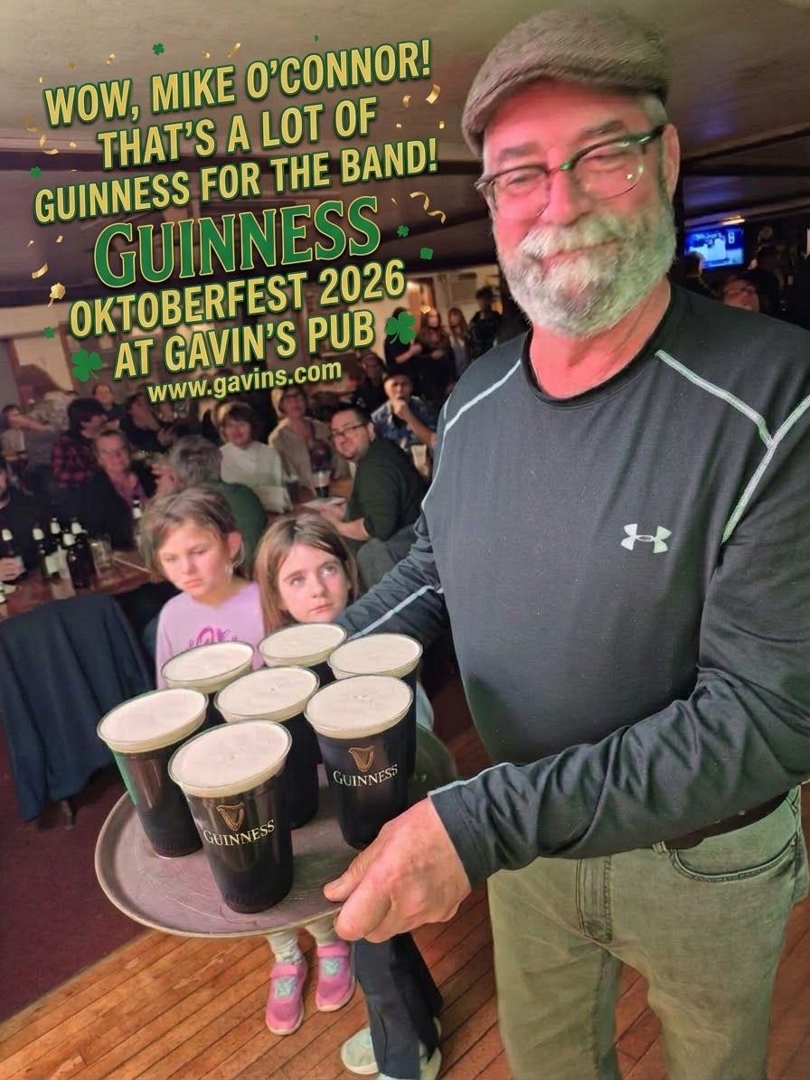 Mike O'Connor carrying a tray of Guinness for the band at Gavin's Pub Oktoberfest 2026